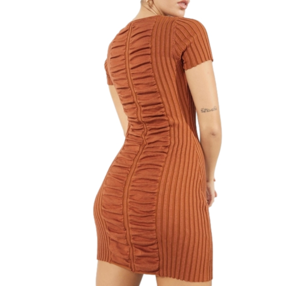 SOVERE/ Copper Ribbed Knit Rust Bodycon T-Shirt Mini Ruched Dress Size 6